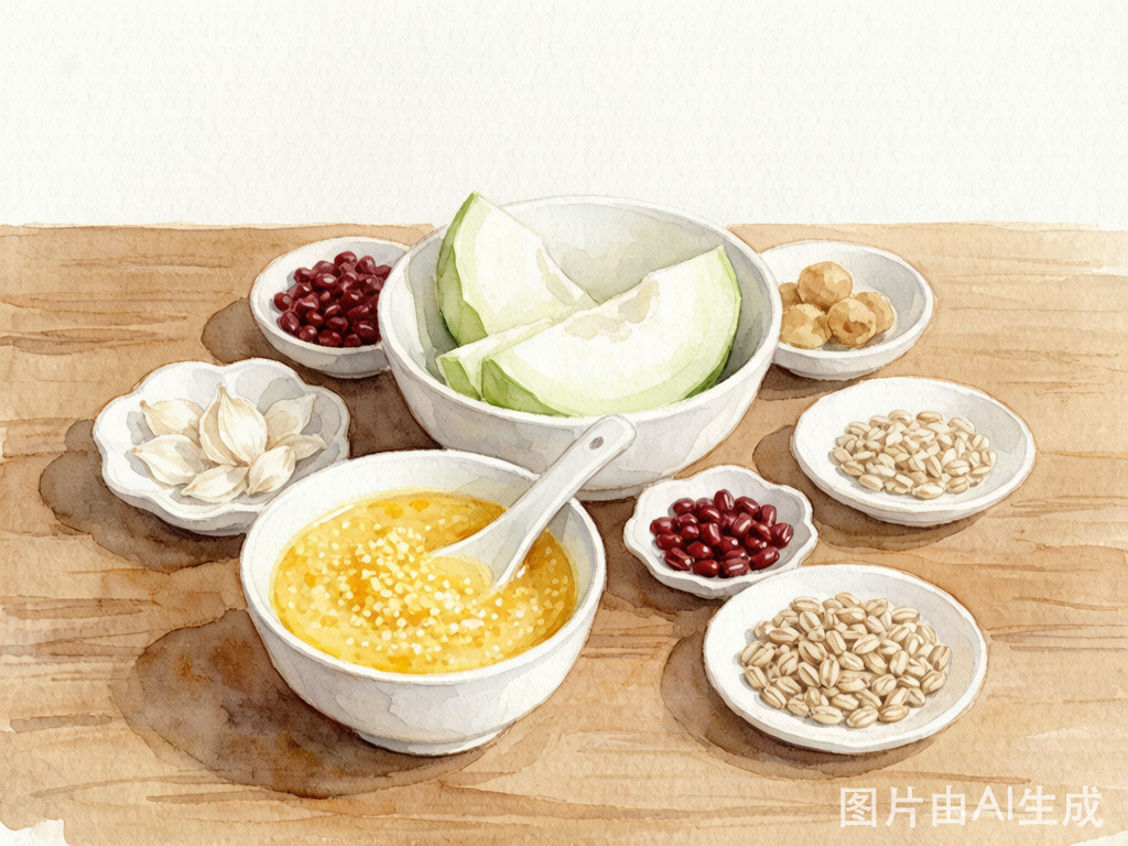 汤中食材：南瓜小米粥、薏米、冬瓜、赤小豆等清淡食材