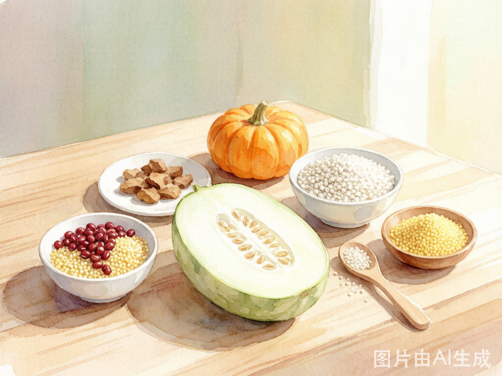 大暑食疗食材：冬瓜、薏米、赤小豆、南瓜、小米等清淡甘淡食材