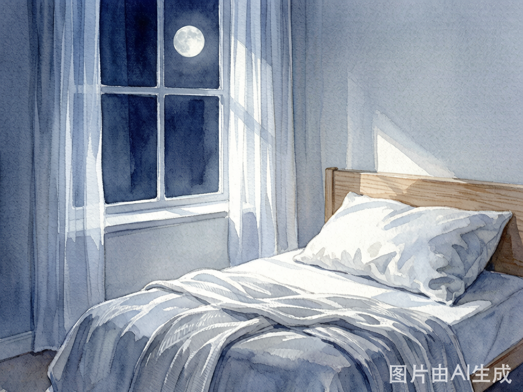柔和月光下的卧室角落，舒适枕被，水彩风格，宁静安睡氛围