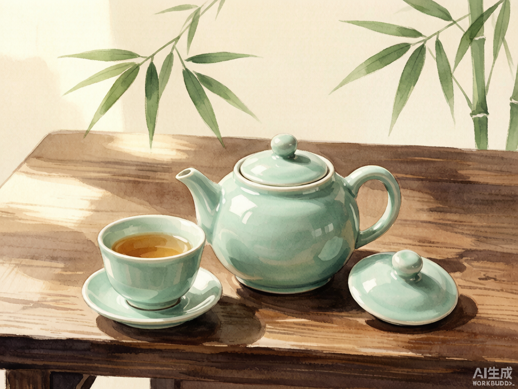 青瓷茶具与草药茶置于木质茶台，竹叶掩映在柔和日光中，色调温润宁静