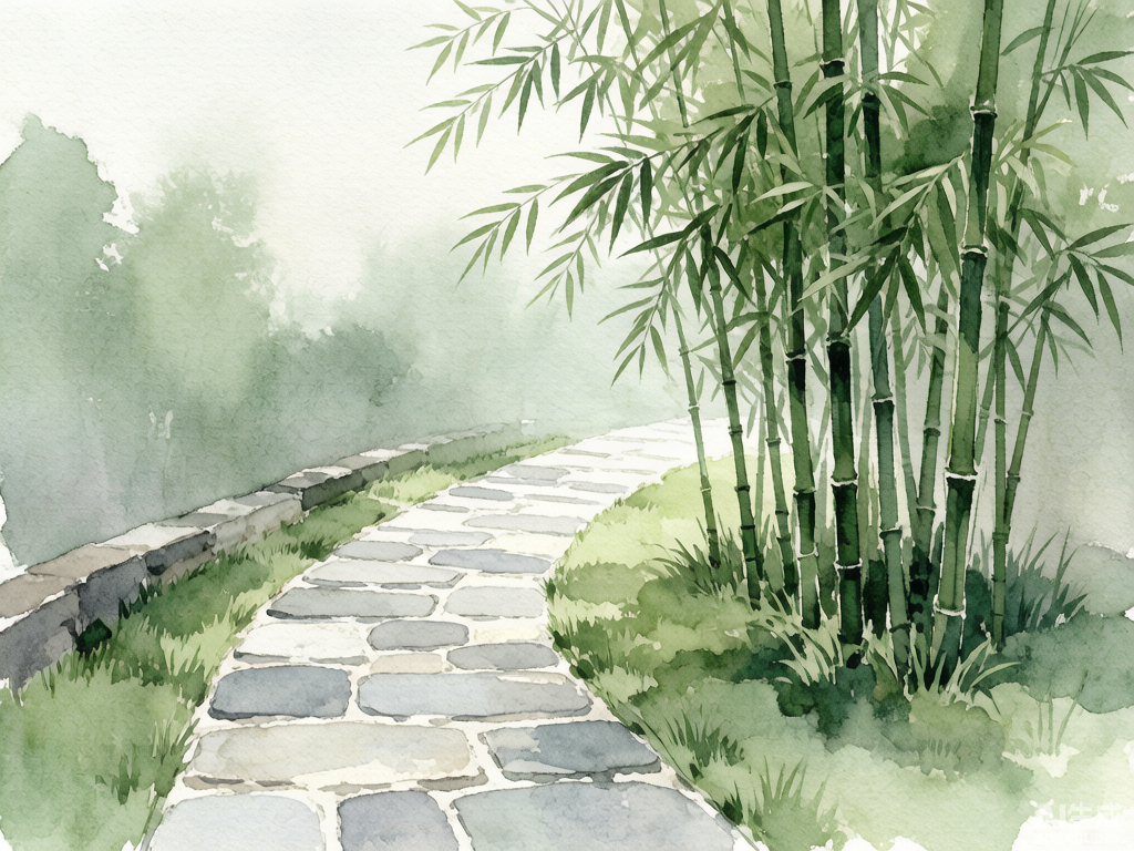 中式庭院一隅，石板小路穿过竹林，微风轻拂树叶，淡雅的水墨绿灰色调，禅意宁静