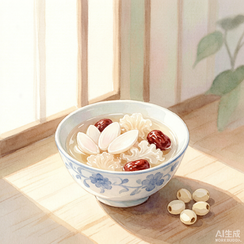 清淡温润的百合银耳甜汤盛于青瓷小碗中，配一颗红枣，午后暖意
