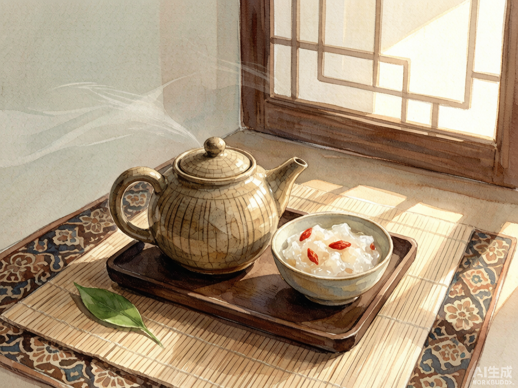 竹席上放着传统陶瓷茶壶和一碗银耳枸杞甜汤，柔和午后阳光透过纸屏洒入，安静宁和的水彩画风