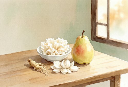 秋季中医养生水彩画，传统中药材与润肺食材营造温和舒缓氛围